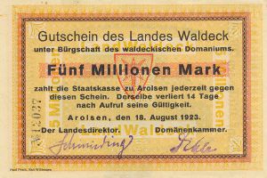 5 Mio. Mark Paul Pusch, Bad Wildungen Landesdirektor & Domänenkammer Land Waldeck Inflationsausgabe avers.jpg